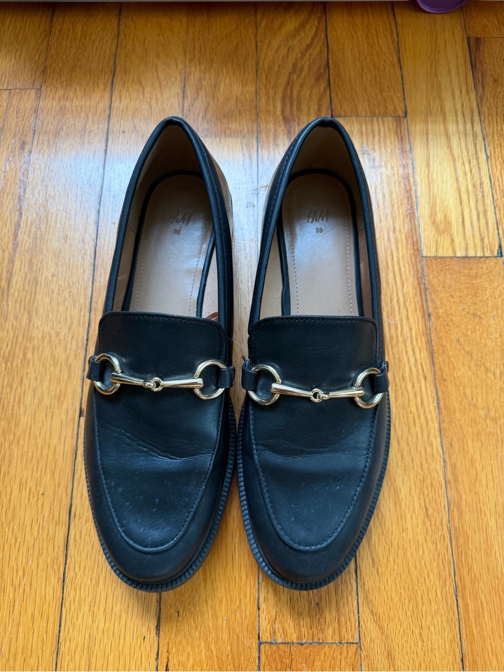 H&M Black Leather Loafers with Gold Horsebit